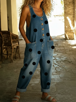 Artistic Polka Dot Print Button-up Denim Jumpsuit