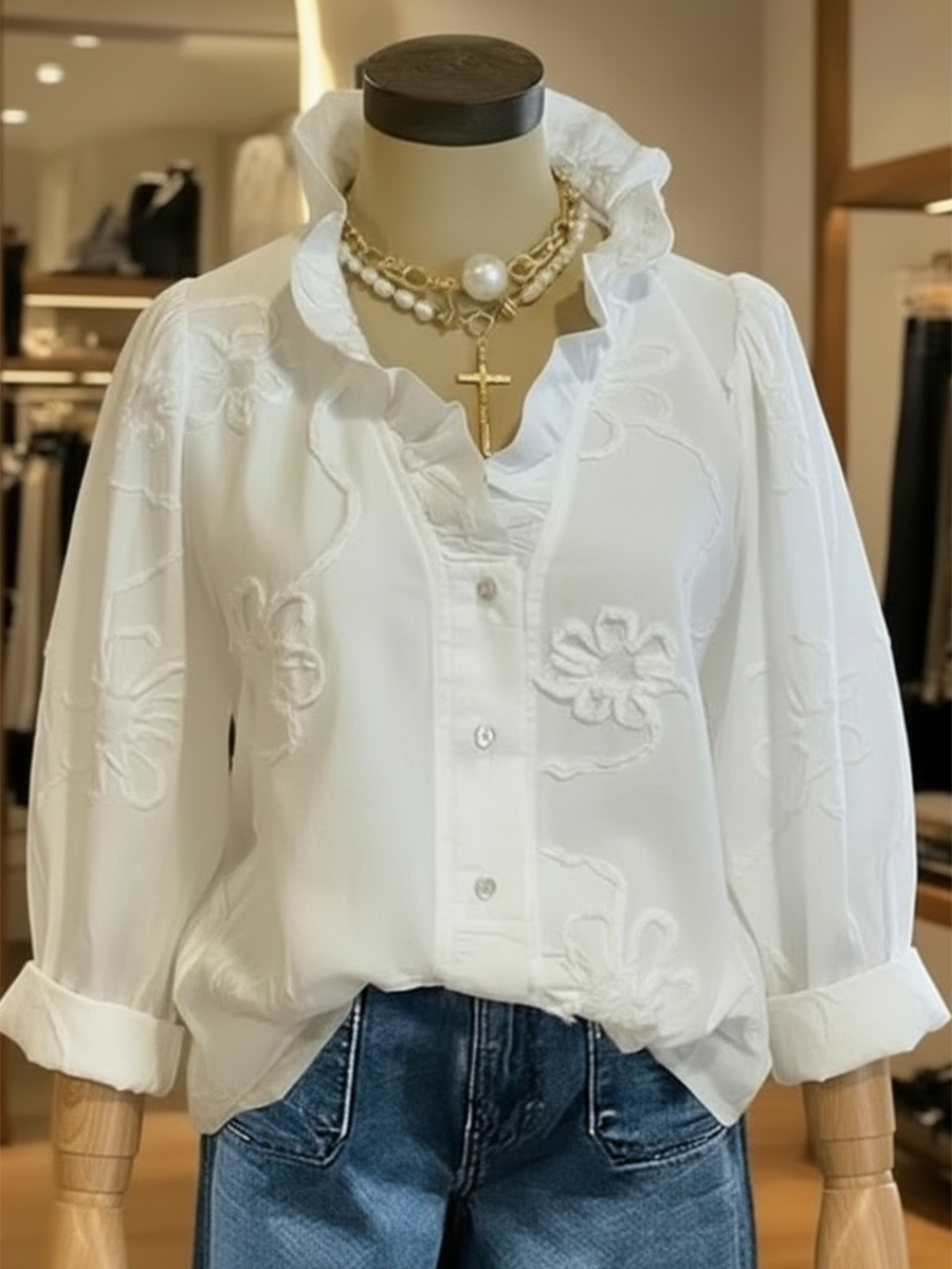 Casual Romantic Ruffled Collar Cotton Shirt