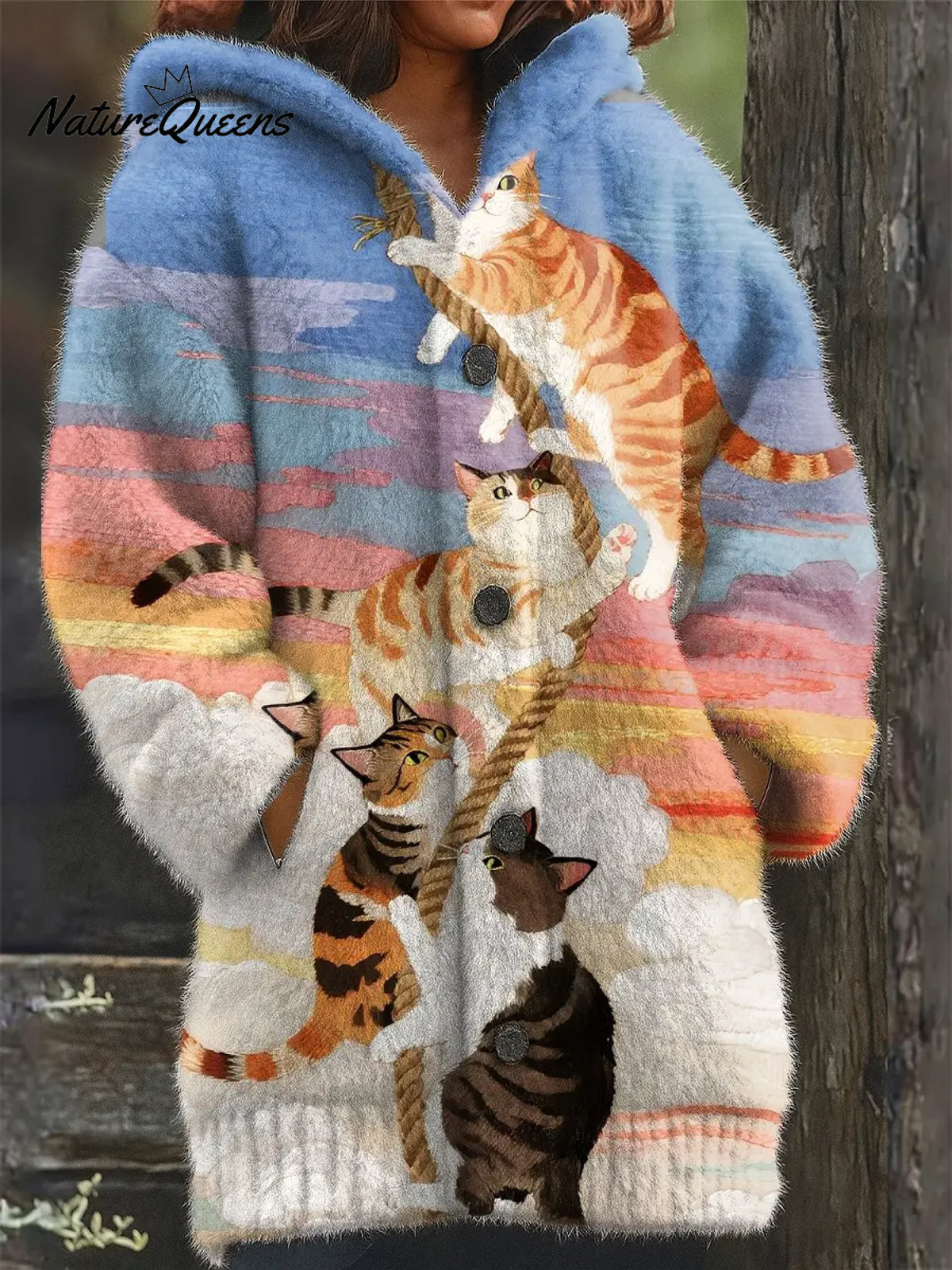 Women's Funny Cats Pattern Art Print Casual Fleece Coat