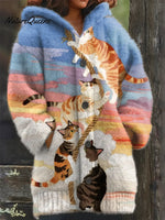 Women's Funny Cats Pattern Art Print Casual Fleece Coat