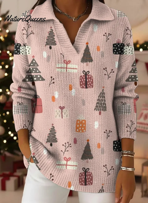 Women's Christmas Tree Pattern Art Print Casual Cotton Sweater