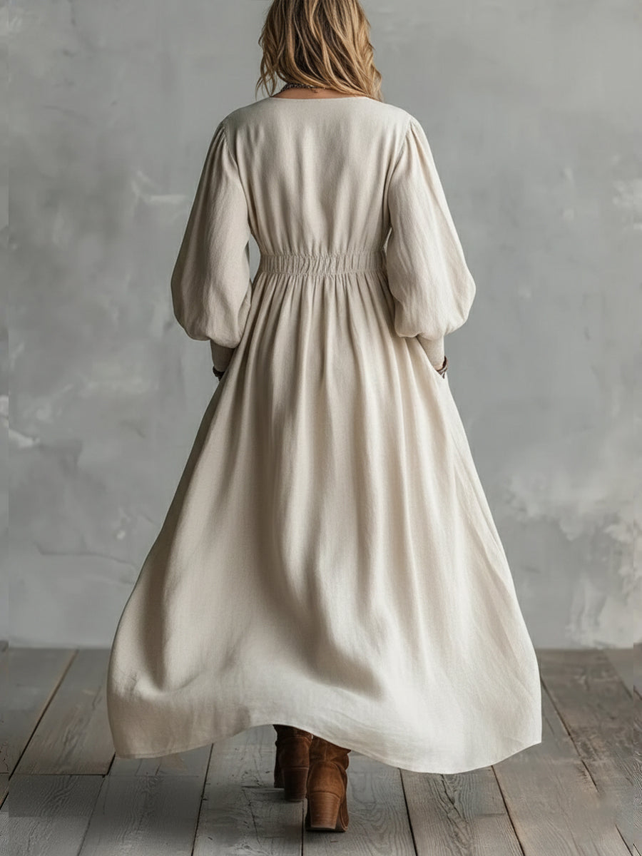 Waist-elastic Linen And Cotton Lantern-sleeved Dress