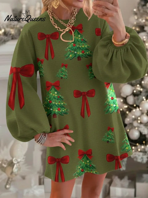 Sweet Christmas Print Round Neck Lantern Sleeve Dress