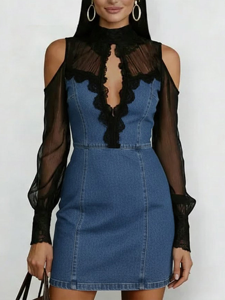 Women's Stand Collar Long Sleeve Chiffon Patchwork Casual Slim Denim Dress