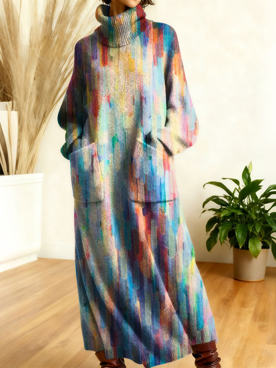 Women's Retro Abstract Geometric Colorful Splicing Patterns Art High-neck Long-sleeve Casual Loose Knit Dress