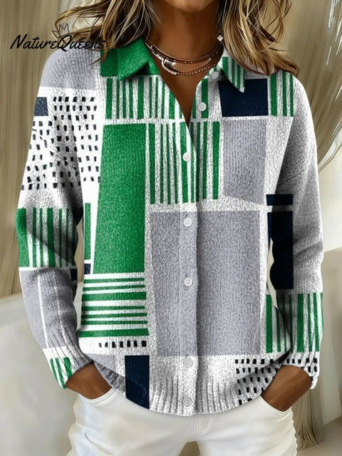 Women's Green Geometry Printed Collared Sweater