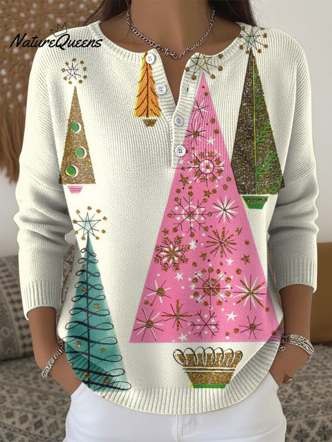 Women's Multicolor Christmas Trees Geometric Pattern Art Print Buttoned Cardigan Sweater
