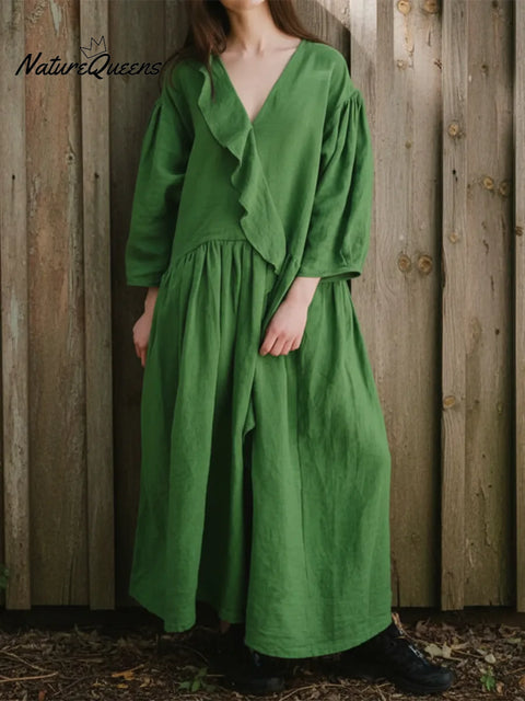 Flowy V-neck Ruffled Loose Linen Dress