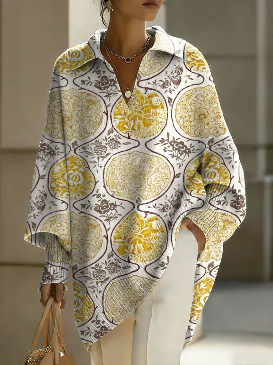 Women's Retro Gradient Flowers Floral Art Patterns V-neck Long-sleeved Casual Loose-fitting Knitted Pullover Sweater