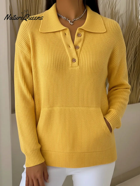 Casual Polo Neck Button Pocket Knit Pullover