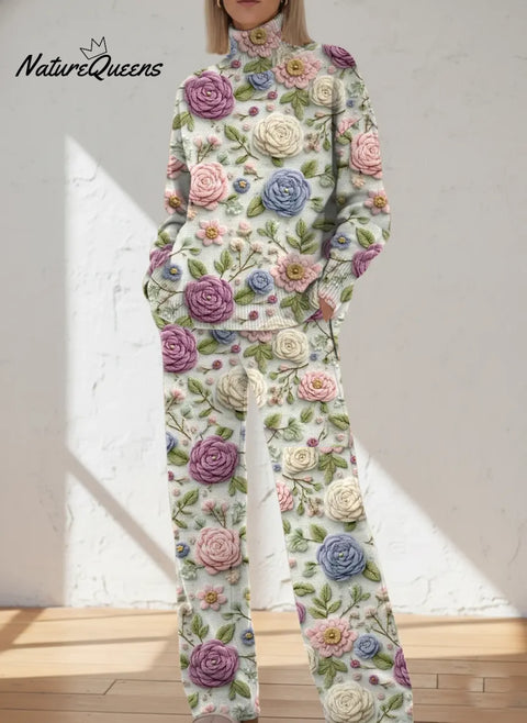 Women's Retro Flower Art Print Casual Knit Set