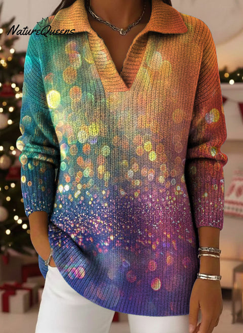 Color Gradient Tree Art Pattern Art Polo Collar Shiny Loose Sweater Top