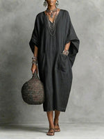 Women's Casual V-neck Cotton-linen Dress With Pockets