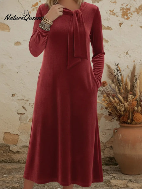 Elegant Ribbon-tied Velvet Midi Dress