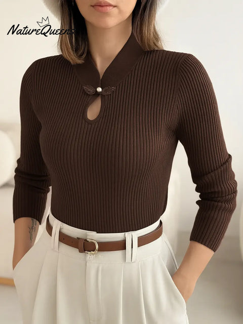 Women's Solid Color Stand Collar Long Sleeve Casual Slim Fit Knit Top