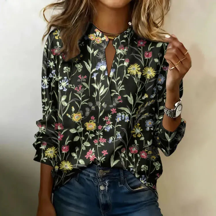 Women's Floral Print V-neck Cotton Top