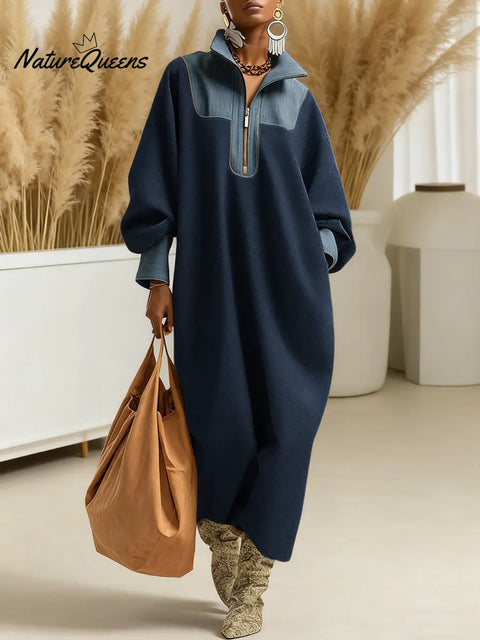 Women's Color-blocked Cardigan Collar Long-sleeved Casual Loose Knit Dress