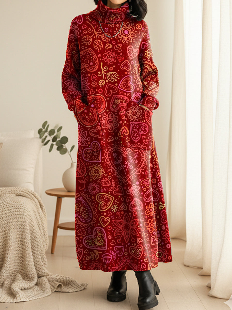 Women's Red Heart Print Casual Cotton Knitted Dress