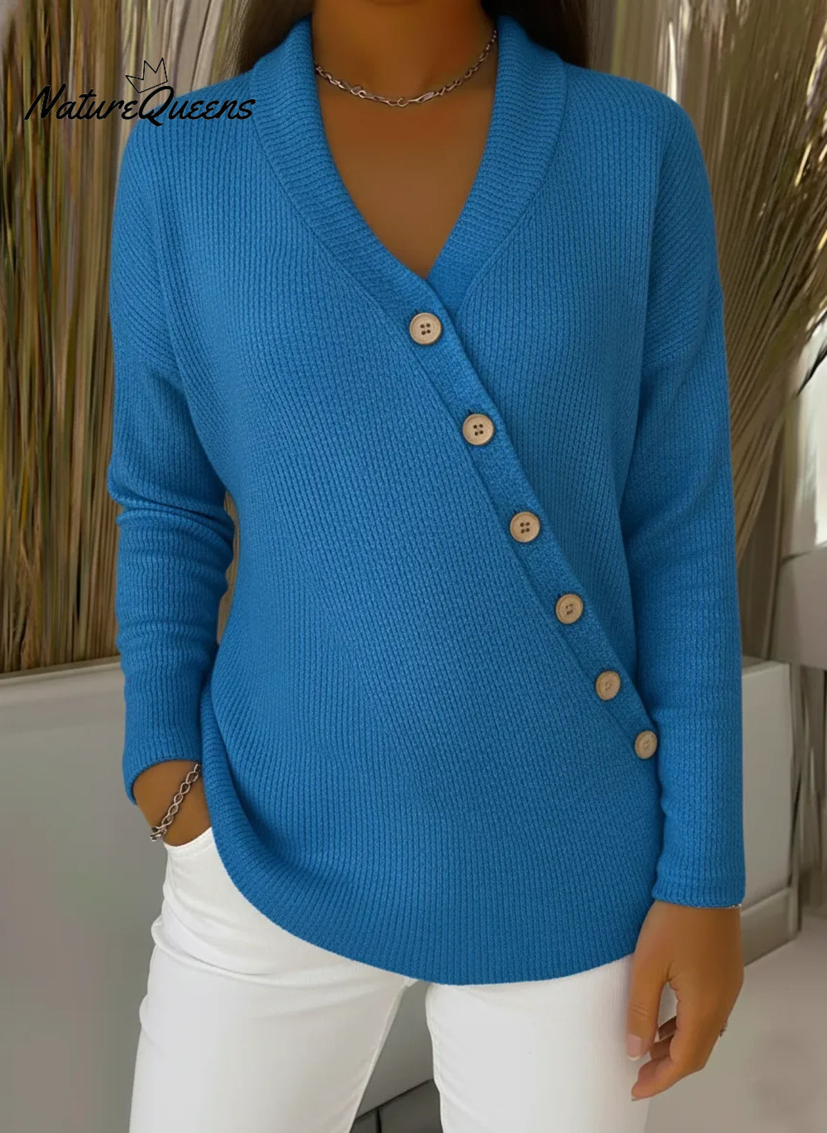 Casual Solid Color V-neck Oblique Button Cardigan Sweater