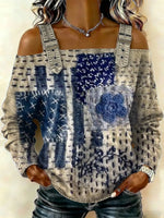 Women‘s Vintage Pattern Art Print Casual Cotton Denim Shirt