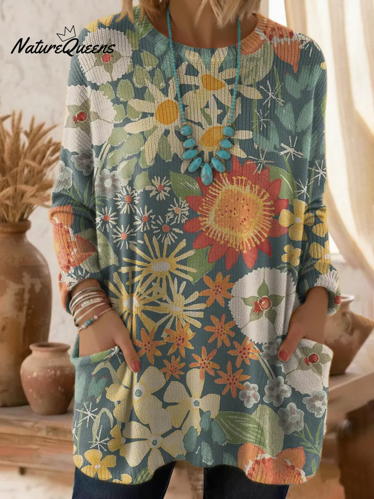 Women's Floral Pattern Art Print Casual Cotton Knitted Sweater