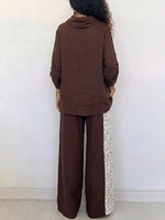 Women's Cotton-linen Set With Lace-trimmed Cowl Neck