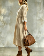 Women's Lace Trim V Neck 3/4 Flare Sleeve Tunic Dress