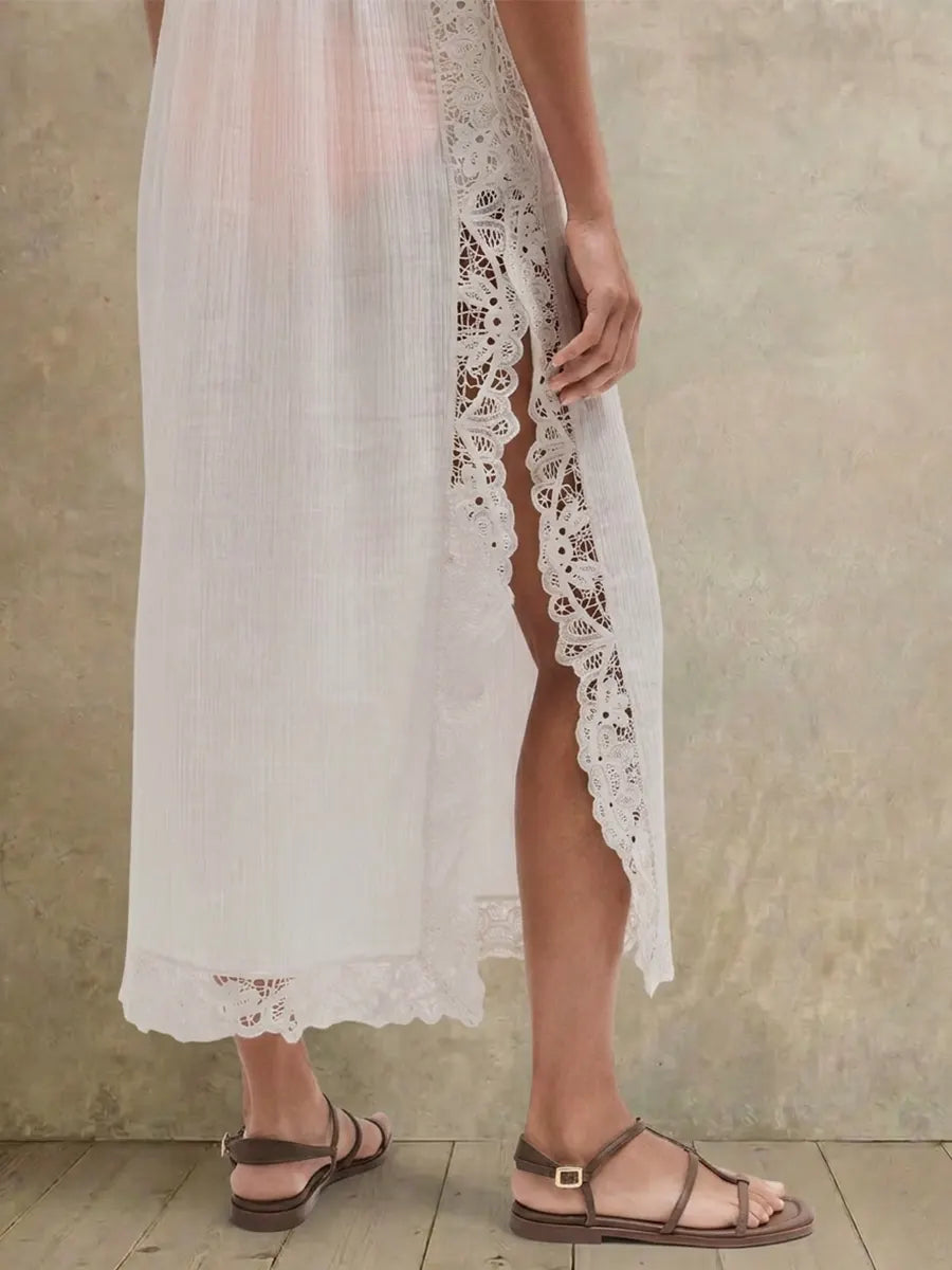 Women White Crinkled V Neck Cap Sleeve Midi Cover Up Dress, Lace Trim Side Split Beach Swimwear Kaftan for Vacation