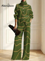 Women's Abstract Pattern Art Print Casual Cotton Knitted Suits