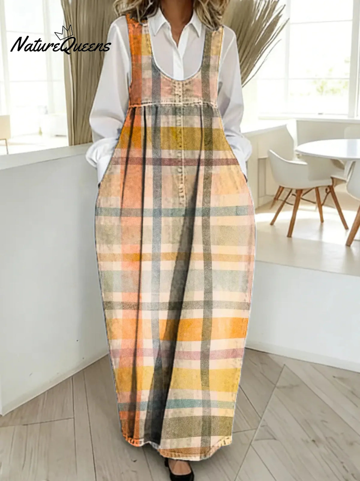 Women's Plaid Pattern Art Print Casual Cotton Denim Dress