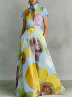 Elegant Stand-collar Floral Print Maxi Dress