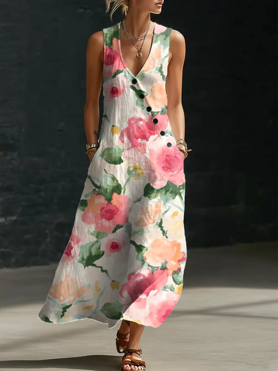 Women's Floral Pattern Art Print Casual Cotton Linen Dress