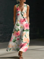 Women's Floral Pattern Art Print Casual Cotton Linen Dress