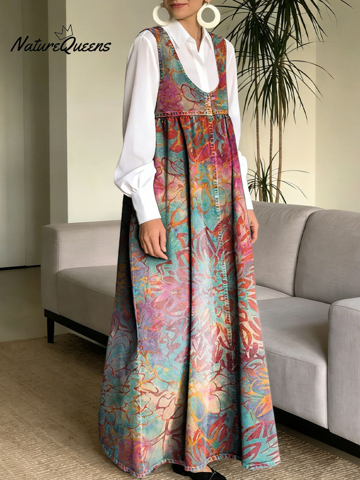 Women's Simple Flowers Pattern Art Print Casual Cotton Denim Dress