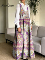 Women's Retro Splicing Colorful Flowers Pattern Art Print Casual Cotton Denim Dress