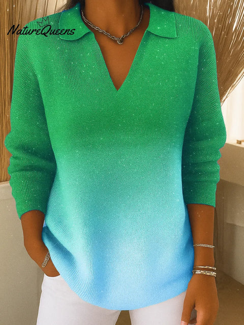 Women's Gradient V-neck Long-sleeved Sequined Casual Loose Knit Top