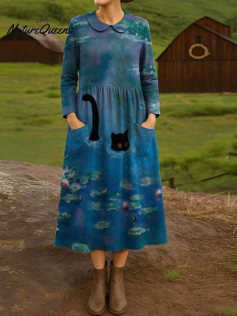 Monet-style Painting Of A Water Lily Pond With A Black Cat Decorative Pattern Women's Casual Peter Pan Collar Long Sleeve Dress