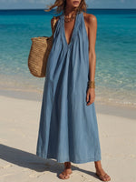 Women's Retro V-neck Long Denim Dress