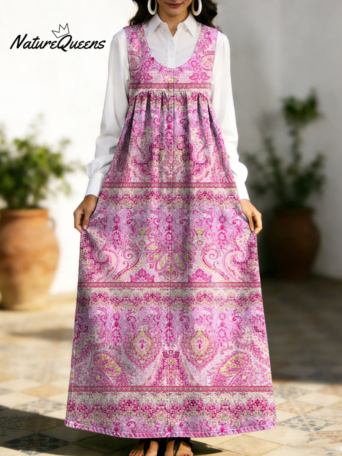 Women's Retro Splicing Colorful Flowers Pattern Art Print Casual Cotton Denim Dress