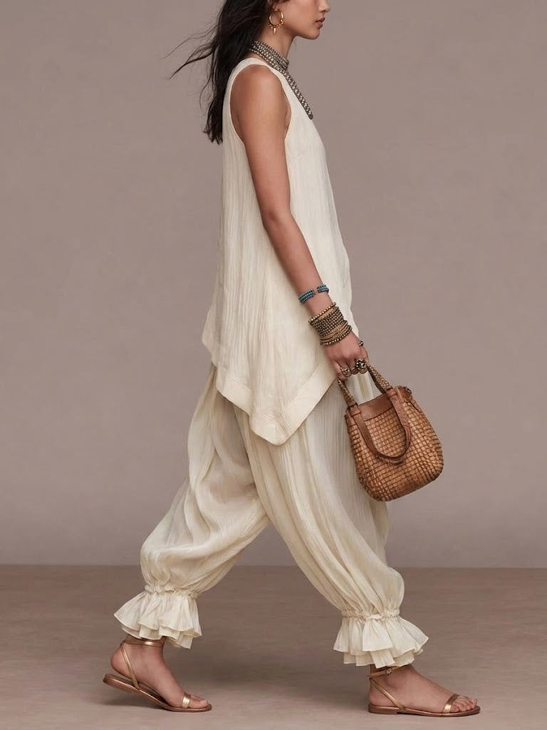 Women's Irregular Cut Sleeveless Top With Leopard Lantern Pants Set