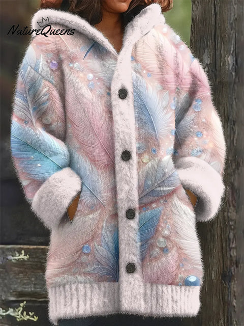 Colorful Dreamy Pink Feathers Printed Knit Hoodie