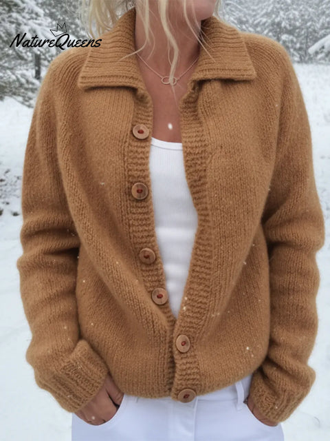 Cozy Wooden Button Polo Collar Knit Cardigan