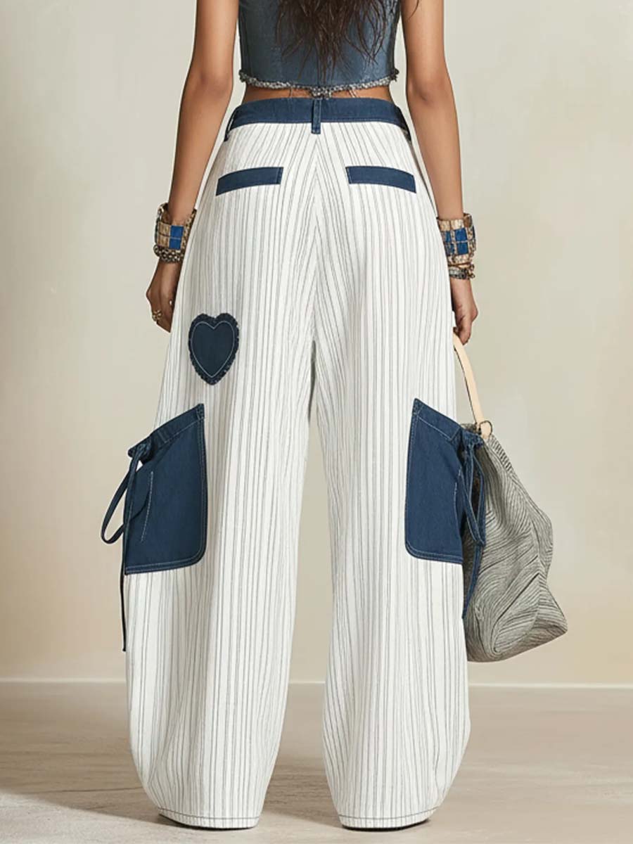 Women's Retro Striped Pattern Art Casual Cotton Denim Patchwork Pants