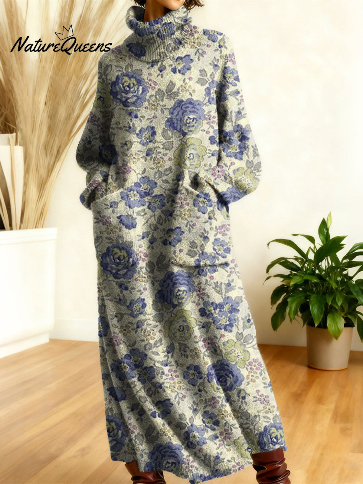 Women's Retro Floral Flowers High-neck Long-sleeve Casual Loose Knit Dress