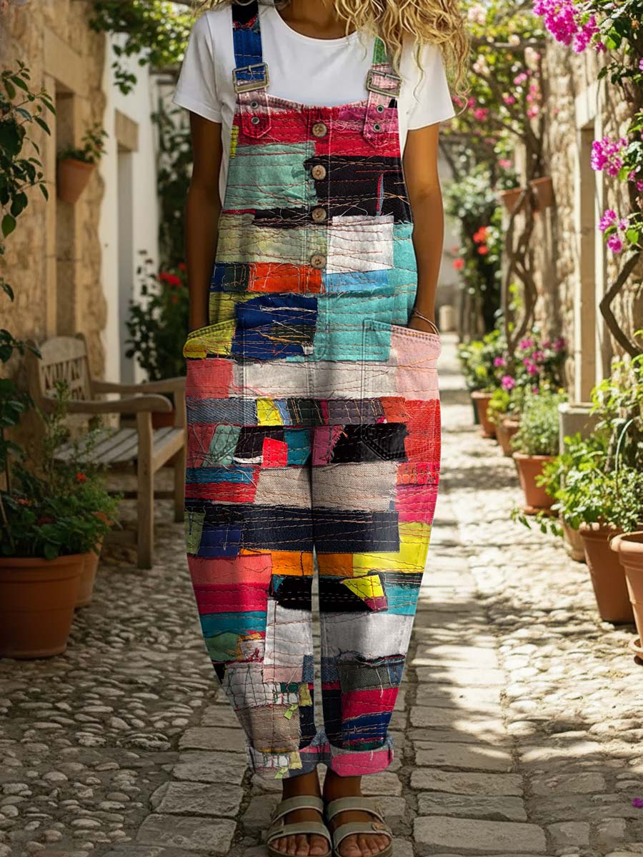 Women's Colorful Patchwork Print Casual Denim Jumpsuit