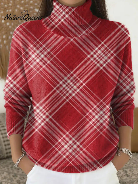 Women's Plaid Pattern Art Print Casual Turtleneck Pullover Sweater