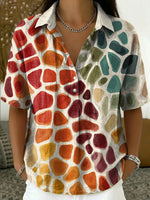 Retro Ethnic-style Colorful Speckled Print Short-sleeve Shirt With Turn-down Collar