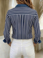 Casual Striped-panel Denim Long-sleeve Shirt