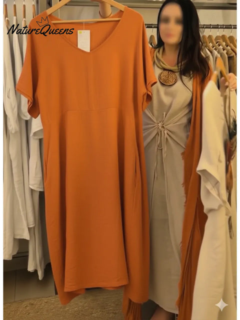 Women's Casual V-neck Pocket Cotton Linen Dress