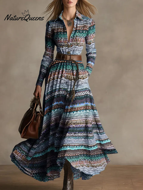 Women's Ethnic Print V-neck Long-sleeved Casual Loose Cotton Linen Dress